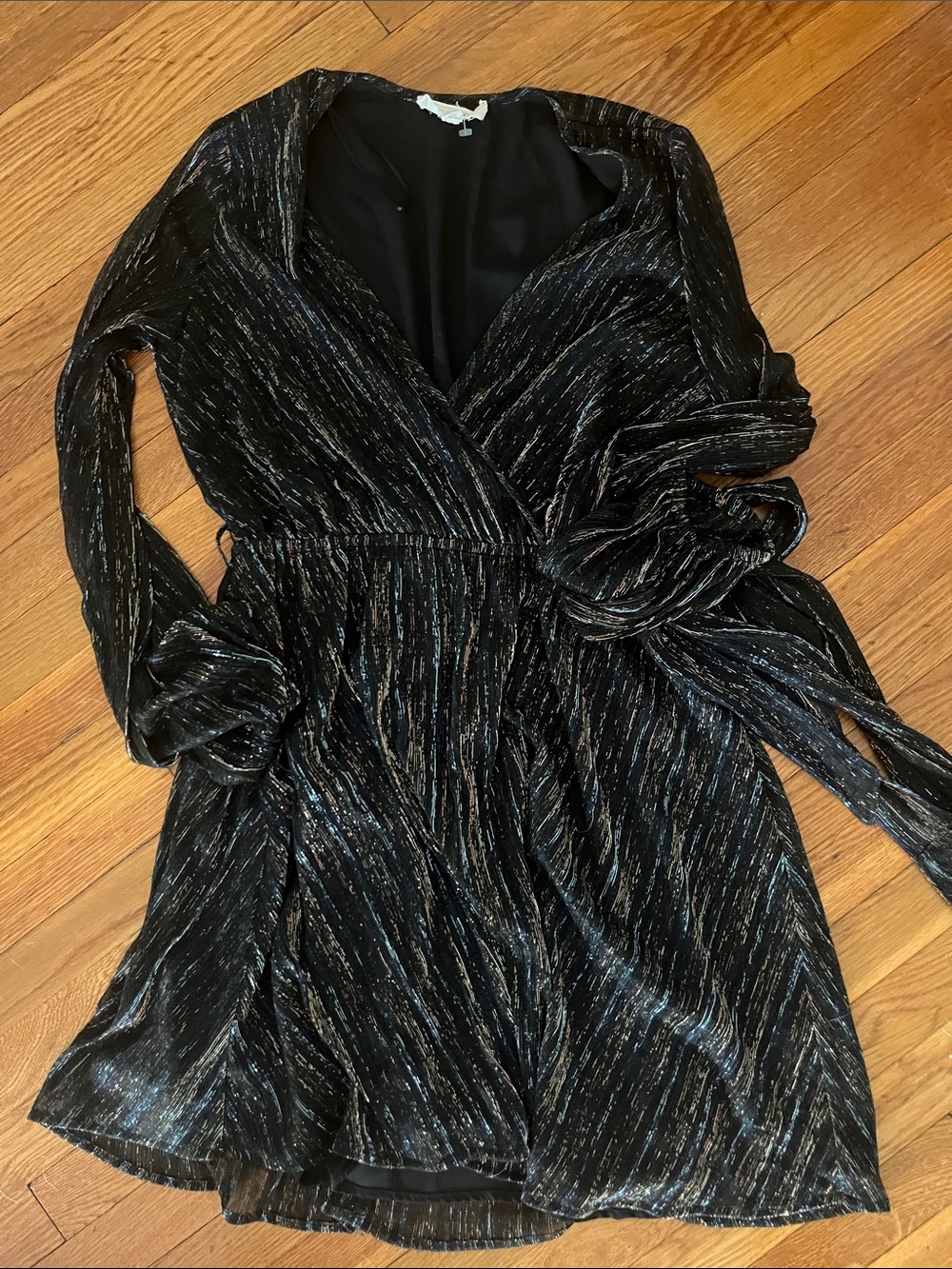 lovestitch Black Metallic Thread Long Sleeve Wrap Dress